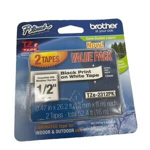 Brother P-touch TZe-2312PK 1/2" Black on White Laminated Label Tape 2-Pack
